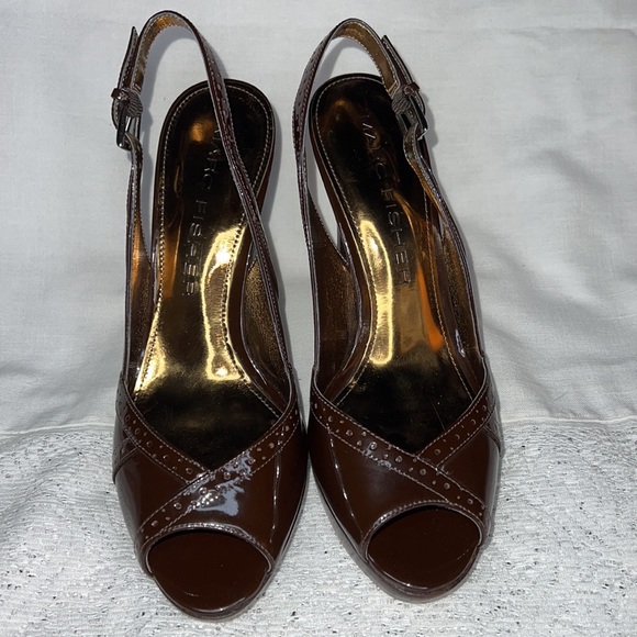 MARC FISHER PATENT LEATHER CHOCOLATE BROWN SLING ACK SHOE SIZE 8M - Picture 7 of 14